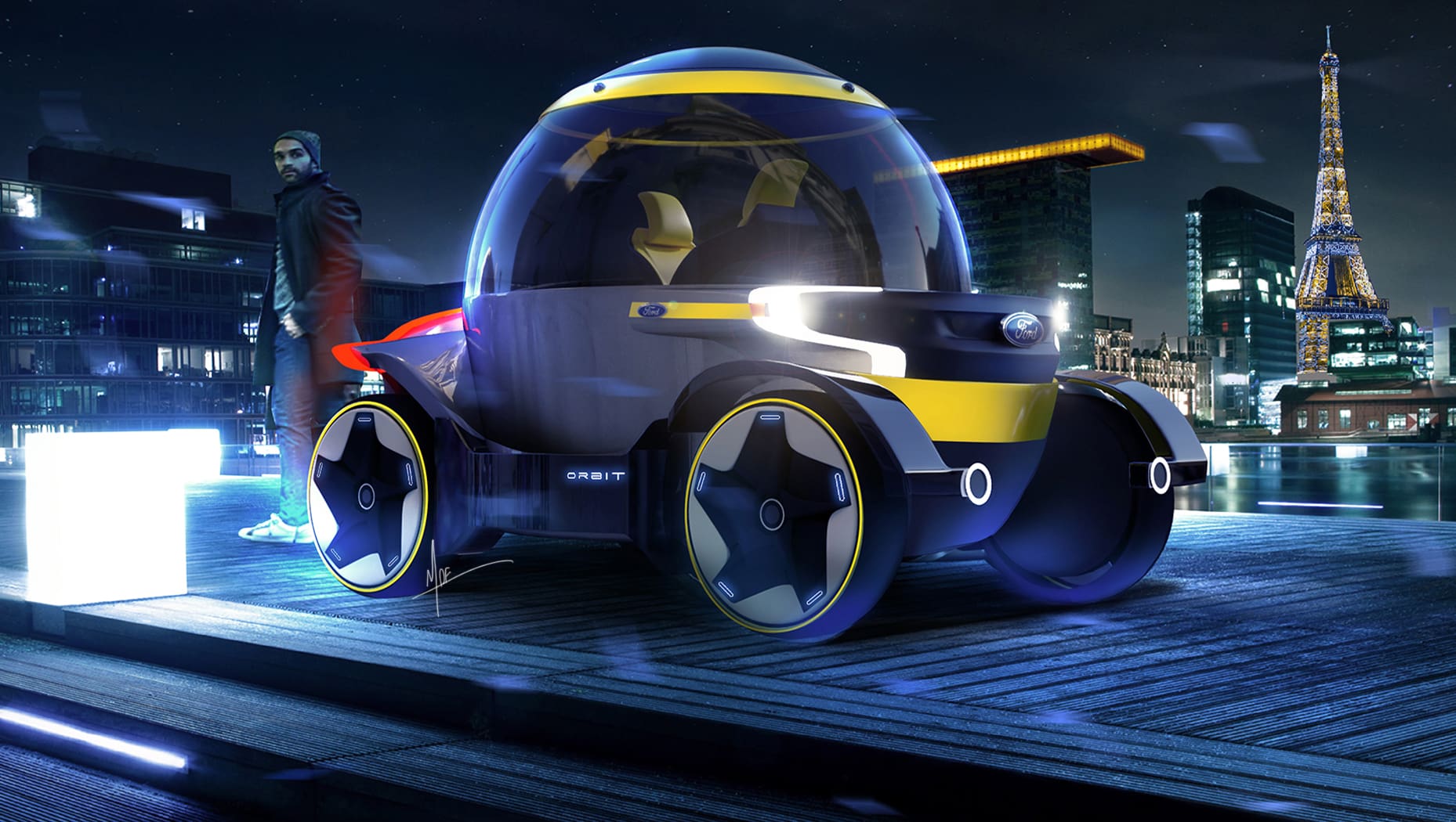 轨道:2035 AV旅游交通概念. 这是一辆带有环绕式挡风玻璃和白色发光前灯的球形未来汽车的数字图像. 它是黑色的，带有黄色的细节. 这张照片拍摄于未来的巴黎，背景是埃菲尔铁塔，一名男子正看着这辆车.