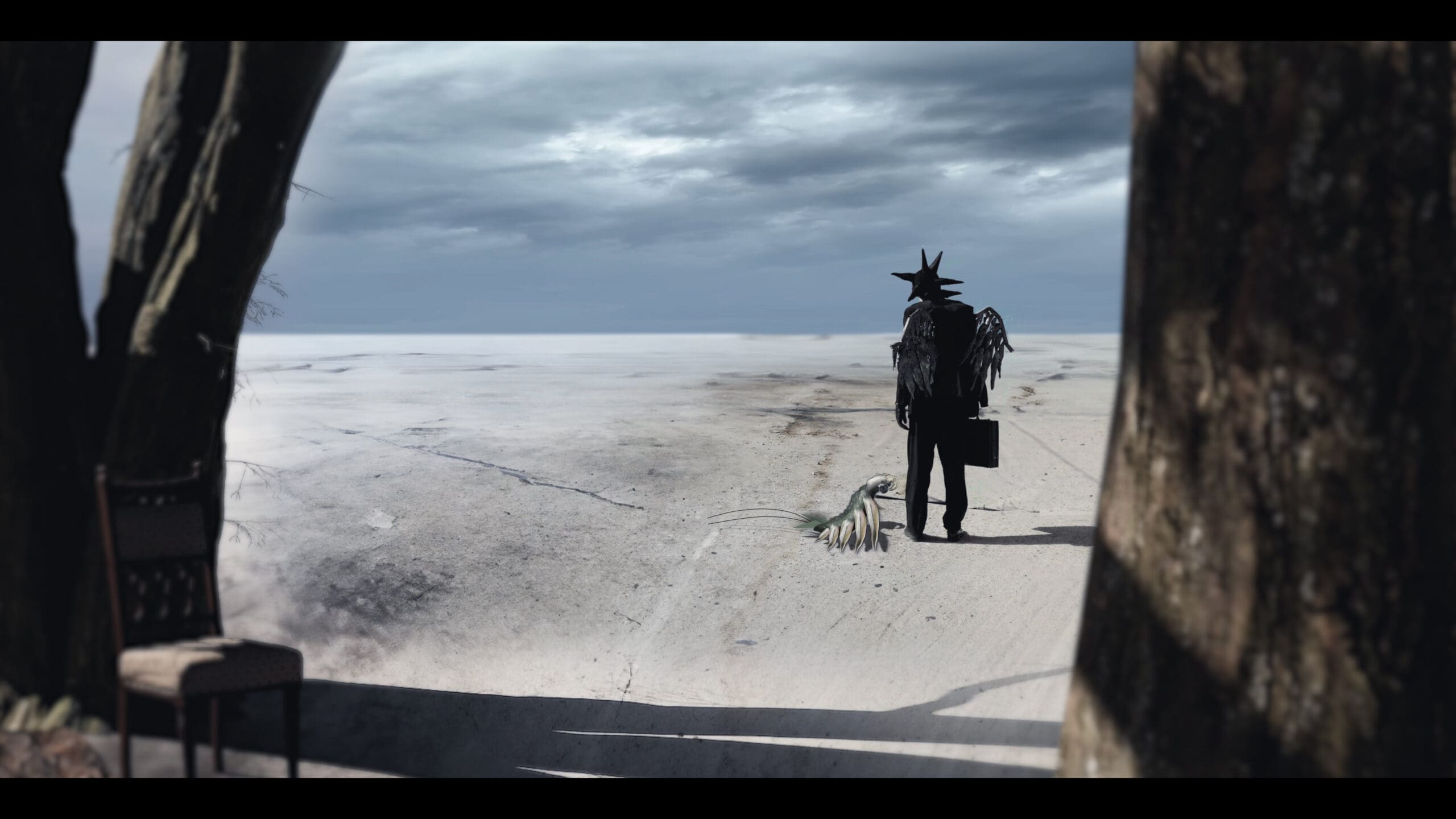 person with wings and horns standing in sand between two trees with a creature at their feet