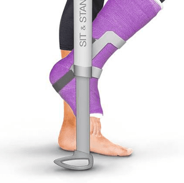 Photo of someone's leg in a purple cast using specially designed crutches