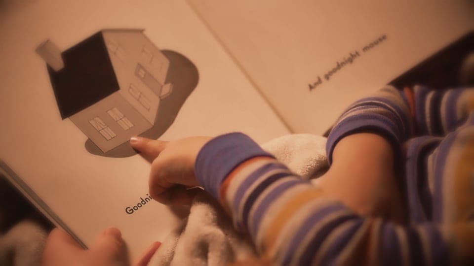 Close up photo of a small child pointing to an illustration in a storybook.