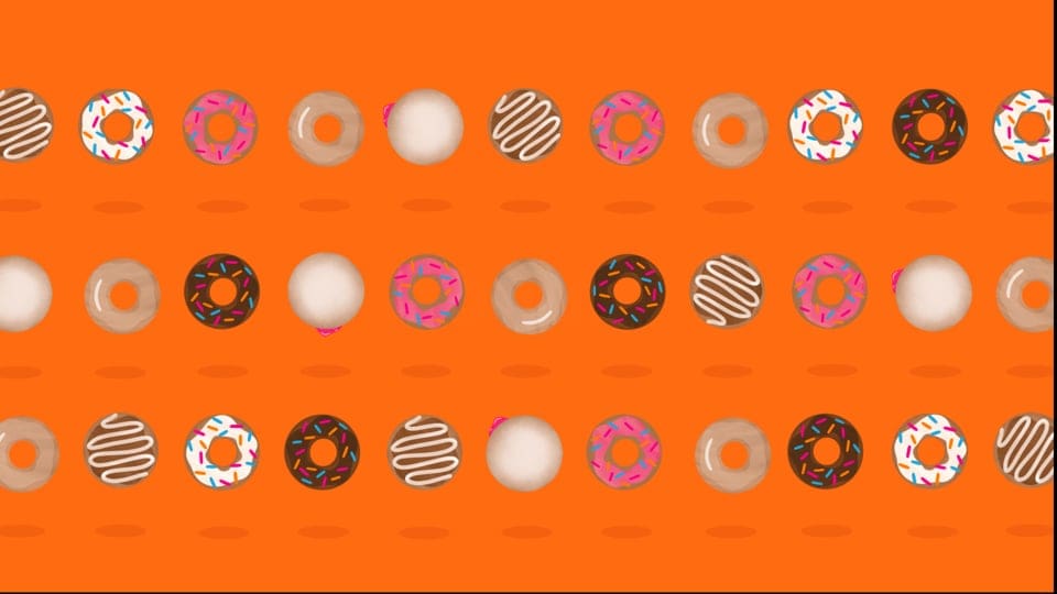 Illustration of donuts in a row on an orange background.