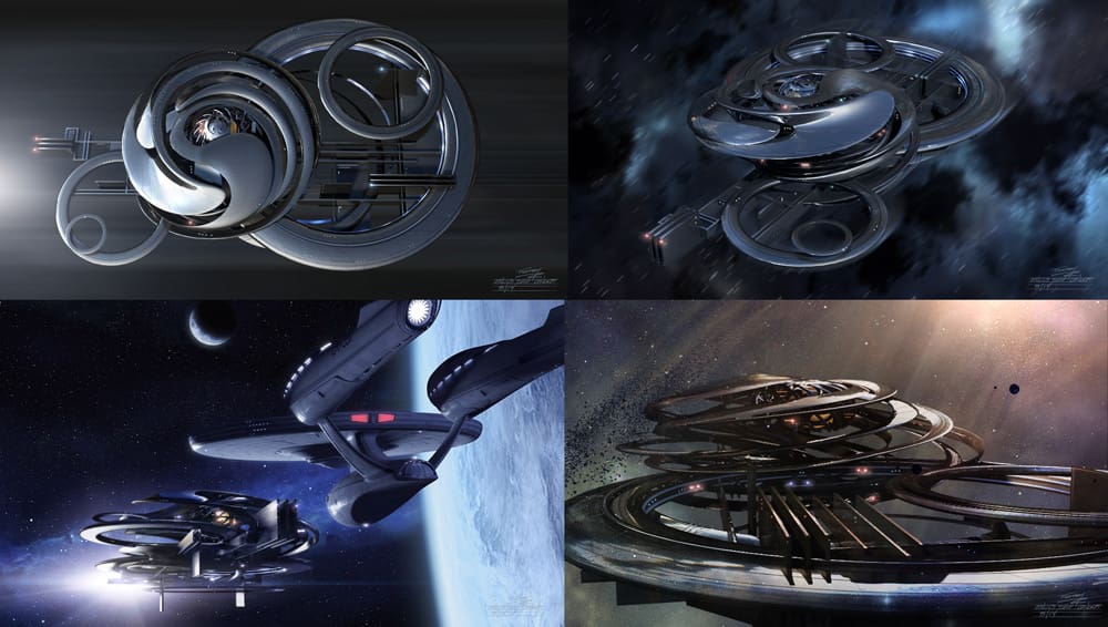Four Digital Concept Designs of the same futuristic space ships that is made up of many circular sections.Made my CCS Student, Tim Flattery