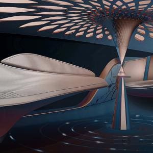 inside of a futuristic car with couch like seats and a pillar design