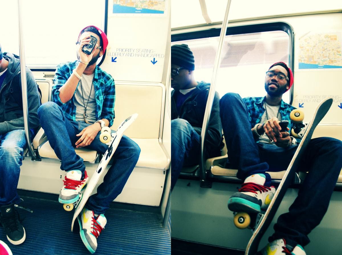 Two side by side photos of a CCS student sitting on the subway with his skateboard.