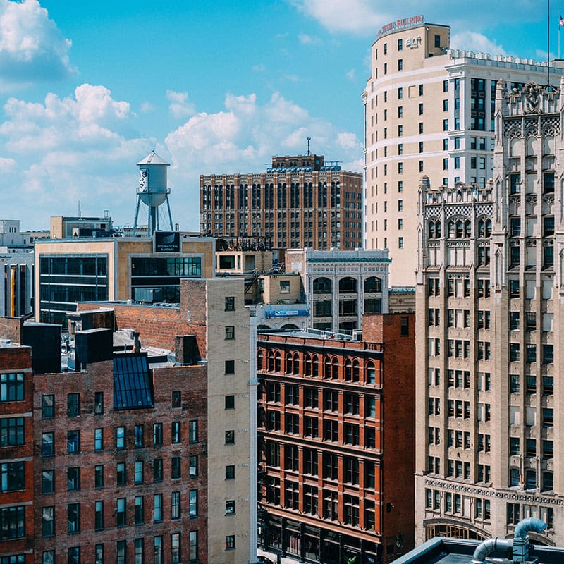 Arial photo of the high-rise buildings in downtown Detroit