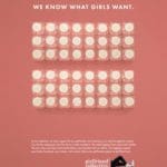 Light pink advertisement poster with white bold text at the very top that says "We know what girls want". Below are 48 glass jars, pictured from above, arranged into two rectangles. At the bottom is more white text that provides information about the product.