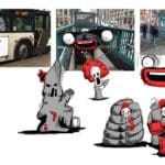 Digital illustration of grey and red cartoon monsters causing havoc on a New York City street. Black bold text in the bottom left corner reads "Uber Jump"