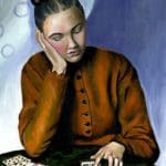 Oil painting of a bored looking woman in an orange button up shirt scrolling on her phone. Her phone is on the table, surrounded by playing cards.