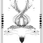 Black and white line art digital illustration of a the Tarot card Two of Cups. The card depicts two hands, faced palms up. Above is two large streams of liquid.