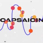 Poster with large black text that says "Capsaicin" on a white background. There are various black x's and white o's decorating the page. Around the text is a blue wavy line and various red, orange, yellow and blue gradient colored dots.