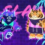 Digital illustration of an orange tiger with brown stripes and a blue tiger with purple stripes. They are wearing striped shirts, gym shorts, and bandanas. The background is brick with graffiti.