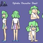 Character sheet of a cartoon girl with huge blue eyes and green shoulder-length hair. She is wearing blue shoes, a white shirt with purple collar, and white shirts with rainbow stripes.