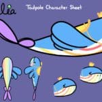 Character sheet of a cartoon blue tadpole with purple tail fins. The tadpole has a gold crown, a gold saddle, and a white belly with rainbow stripes.