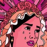 Digital illustration of a crying woman with an orange veil, a crown a roses, a halo of pink spikes, and a pair of hands of prayer above her head.