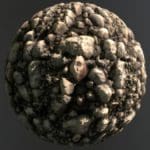 Digital rendering of a sphere made out of grey rough rocks.