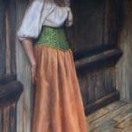 Digital illustration of an old fashioned woman standing in a woman room. She wears a white blouse, a long orange skirt, and a green corset.