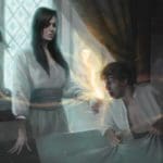 Digital illustration of a standing woman and sitting man in a dimly lit room. The woman looks focused, holding a cup of swirling glowing light beams. the man gasps in pain as the beams swirl around him.