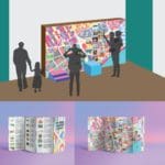 Three digital renderings, two of which show the front and back of a multicolored map pamphlet. The top rendering shows a multicolored map displayed on a wall in front of a crowd of people.