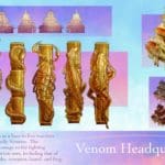 Animation sheet that shows five golden pillars decorated with statues of a centipede, snake, scorpion, lizard, and frog. There are also renderings of an elaborate orientał temple.