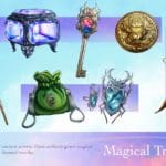 Cartoon sheet of various animated magical trinkets on a light blue background. The objects include a gold and red jewel staff, a blue glass and silver box, a gold and pink gemstone key, a gold coin, a green satchel, a silver and blue gem beetle-shaped brooch, and gold and ivory knife with a red handle.
