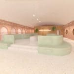 Digital rendering of the interior of the Drunk Elephant bar. The furniture is white and mint green. The walls are pastel pink and orange.