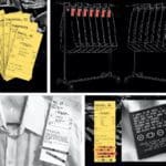 Advertisement with four panels with black backgrounds. The top left shows eight stacked yellow dry cleaning receipts. The bottom left shows a white shirt and receipt. The top right shows a white outline of shirts hanging on a rack. The bottom right shows a yellow receipt next to a black shirt tag.