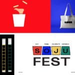 Advertisement made up of four panels. The top left has a cartoon foot reaching out of a white trashcan on a red background. The bottom left has four red, blue, yellow, and green paper wristbands decorated with black boxes on a black background. The top right has a white tote bag on a blue background. The bottom right has black text on a white background that says "Eat. Drink. Celebrate. Geonbae! Soju Fest." The letters of Soju are in red, blue, yellow and green boxes.