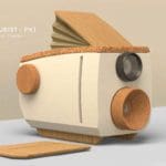 Digital rendering of a concept pinhole camera made out of wood and cork. White text says "Miniaturist- PH 1"