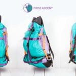 A side, front, and back view of a concept backpack. The backpack is very large and bulky. The straps are pink and brown, while the body is orange and teal. A pink title says "First Ascent".