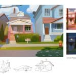 Digital illustrations of the same cartoon house at sunrise, midday, and midnight. The house is pink with a grey roof and a wooden for sale sign in the front lawn.