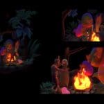 Three panels that show digital illustrations of four characters in a jungle huddled around a campfire. The characters are a man and three floating ghosts.