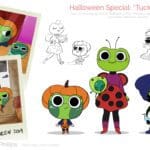 A character sheet that displays three green frog-like cartoon characters in Halloween costumes.