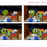 Four panels from a comic that depicts two frog-like characters arguing over a bowl of Halloween candy.