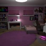 Digital rendering of the pink interior of a young girls room. The furniture is white and the walls are covered in teen posters.