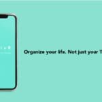 Advertisement with a smartphone displaying a teal screen with white text that says "Motiv8. An Executive Function Assistant." The background is teal with black text that says "Organize your life. Not just your to-do list".