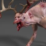 Digital rendering of a monster with the body and antlers of a deer, and face of a man, a back hump with spikes, and long jaws with fangs. It has no fair, and is instead covered with human-like skin. It is covered in blood.