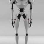 Digital rendering of a very tall white robot with black wires and broad, clunky shoulders.