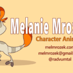 Business card for Melanie Mrozek that has a tan velociraptor-like cartoon dinosaur with a yellow beak and orange feathers on the top of its head and end of its tail.