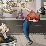 Digital illustration of a man in jeans and a red shirt on the sidewalk of a busy city. He is yelling and leaning back in fear, grasping a donut. Six brown birds lunge at him, aimed at the donut. In the foreground is another brown bird fishing a bitten chicken leg out of a trashcan.