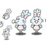 Character sheet of a blue cartoon bird in various positions. The bird has a pink shirt, pink hairbow, and yellow hooked beak.