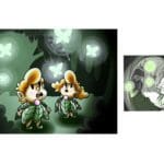 Digital illustration next to its digital sketch. The image shows two red-haired elves wearing leaf dresses in a forest setting looking up in wonder at glowing butterflies.