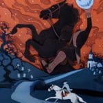 Digital illustration of the myth of Sleepy Hollow. In the foreground is a man riding a white horse over some hiils that look blue in the moonlight. In the background is a firey orange night sky speckled with stars, and the moon looks like a scary face. A giant black horse stands on its hind legs, with a headless man riding on its back.