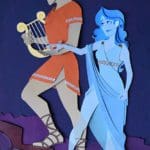 Digital illustration of the Greek myth of Orpheus and Eurydice. Orpheus, in an orange toga and carrying a lyre walks up some stairs. Behind him is a ghostly blue Eurydice, holding his hand.