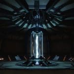 Digital rendering of the interior of a futuristic science lab. At the center of the darkly lit room is a big glass tube with bolts of electricity buzzing inside.