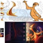 Character sheet of an orange flame-like cartoon character