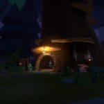 3D rendering of a tiny home inside the base of a tree trunk. It is nighttime, with a single yellow bulb above the front door providing light.