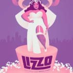 Digital illustration advertising Lizzo. The singer stands on top of a wedding cake adorned with her name while wearing a wedding dress. A banner above her head says "Truth Hurts", which are song lyrics.