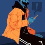 Digital illustration of a bearded man in an orange coat listening to his phone through headphones.