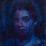 Portrait of a woman drawn entirely in shades of blue.