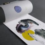 Photo of an open white pamphlet on a grey background. The pamphlet features an image of an eye cut in with a tree trunk on top of a yellow circle.